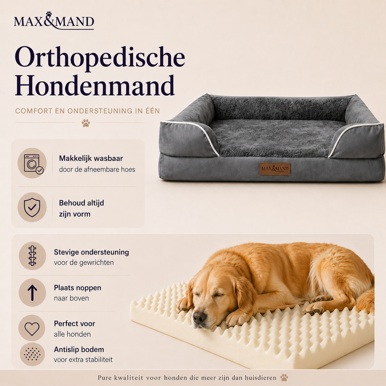 Max&Mand Orthopedische Hondenmand Donkergrijs – L (115 × 90 × 22 cm)